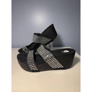 Yellow Box Valara Black Rhinestone Wedge Sandals Womens 9 Platform Slide Shimmer